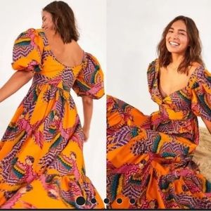 Farm Rio Macaw Puff Sleeve Orange Midi Dress